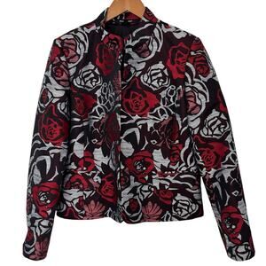 ELLEN TRACY Blazer Jacket Womens 14 Black Red Silver Floral Cocktail Lady Coat